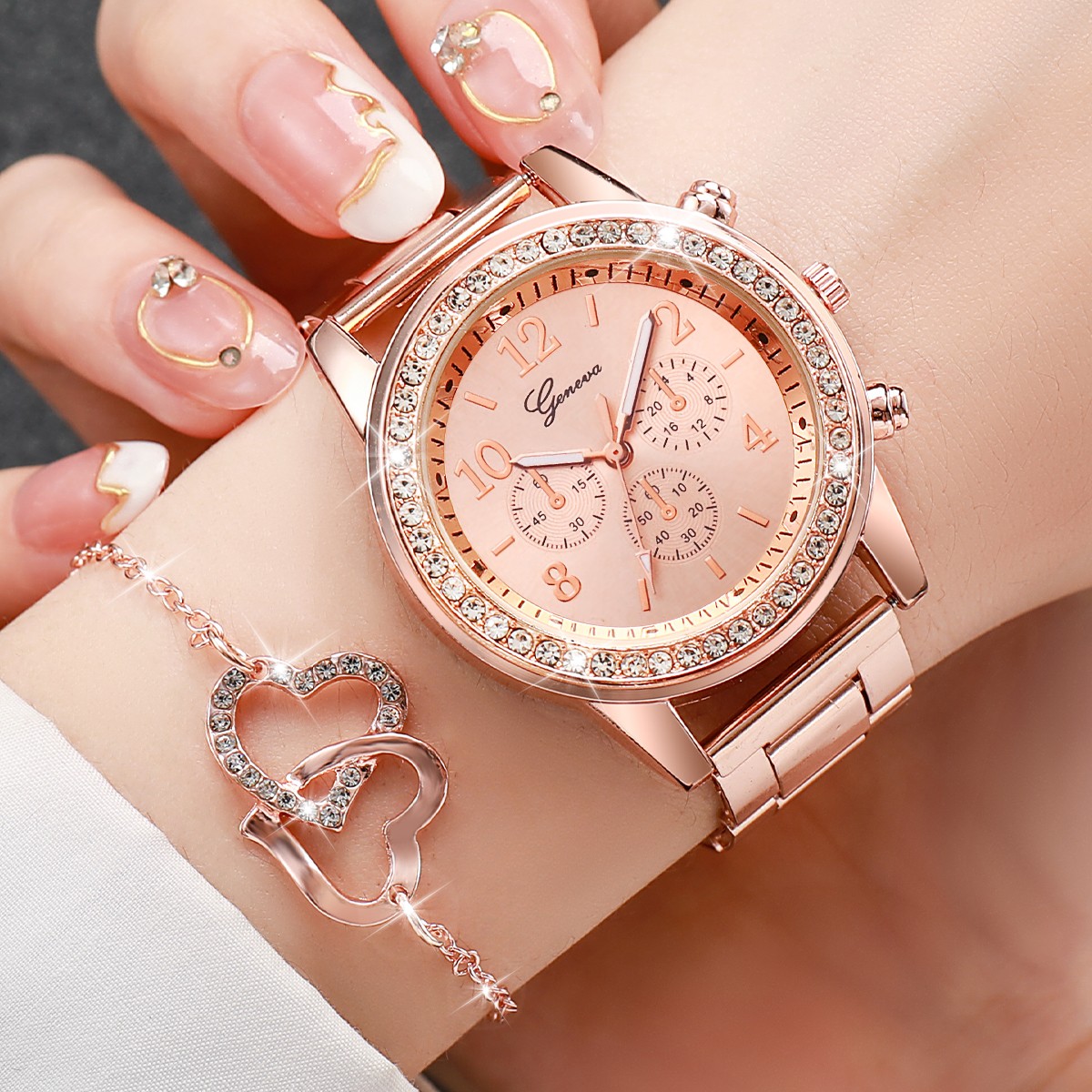6PCS Women's Fashion Watch & Jewelry Set Rhinestone Stainless Steel Quartz Watch with Double Heart Design