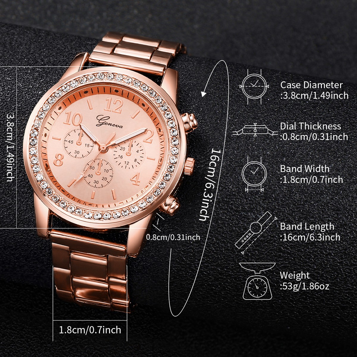 6PCS Women's Fashion Watch & Jewelry Set Rhinestone Stainless Steel Quartz Watch with Double Heart Design