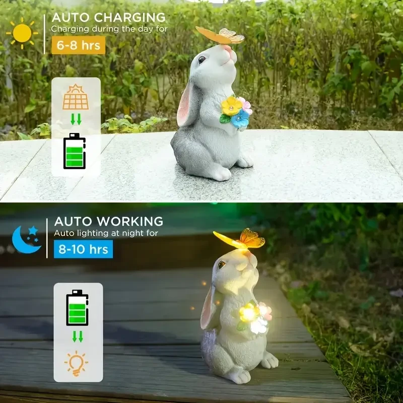 Resin Rabbit Statue with Solar-Powered Butterfly
