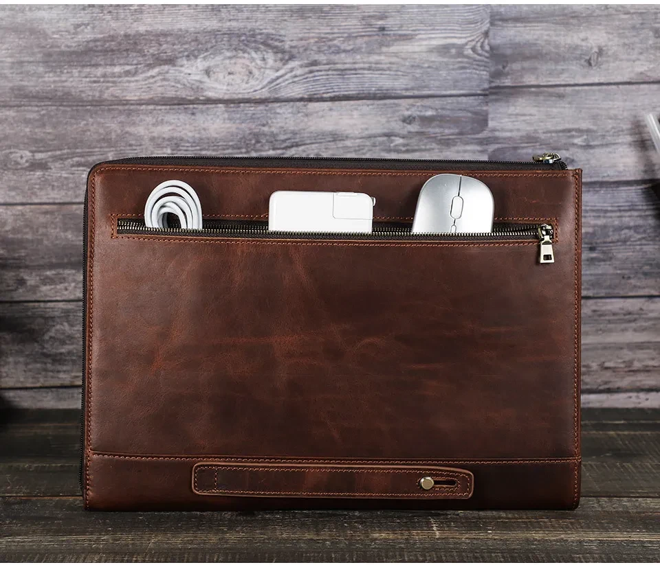 Protective Case Crazy Horse Oil Leather Zipper Laptop Bag