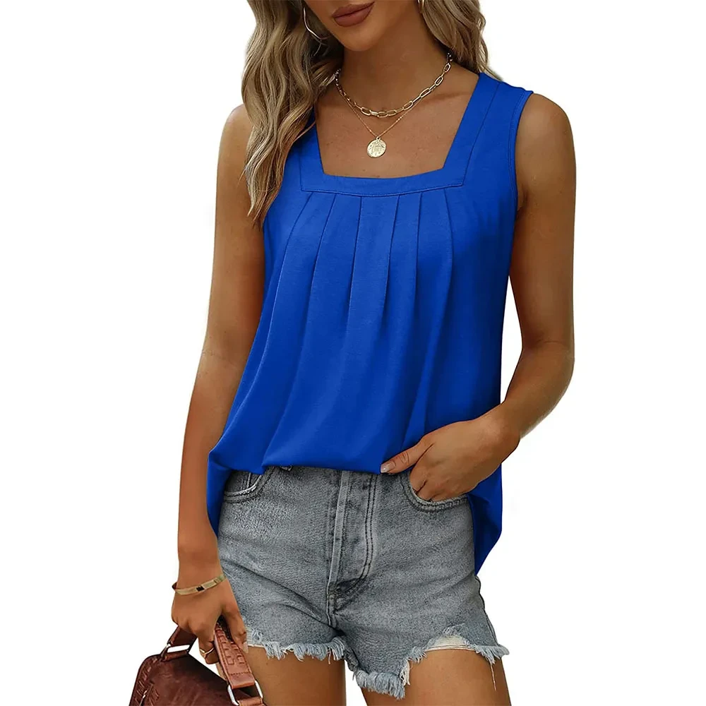 Summer Tank Tops For Women Loose Fit Pleated Square Neck Sleeveless Tops Vest T-shirt