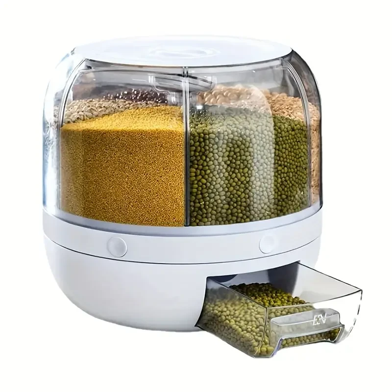 Rice Dispenser 6-Grid Rice Storage Container Rotating Rice Storage Bucket