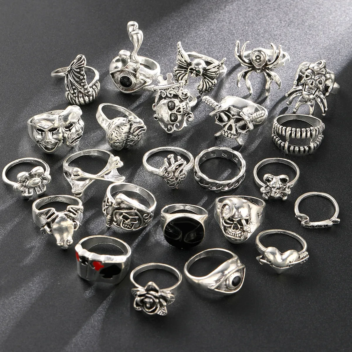 Cross-Border Dark Hip Hop Skull Spider Punk Ring Set 24-Piece Retro Card Collection
