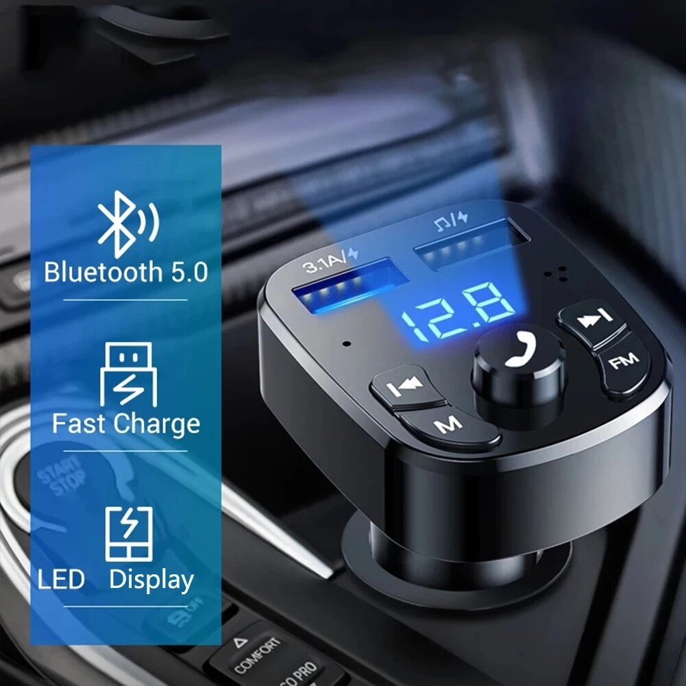 Car MP3 Player Bluetooth 5.0 FM Transmitter with Dual USB Fast Charger and Hands-Free Calling