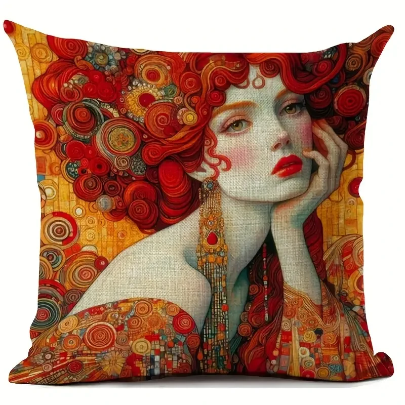18x18 Inches Durable Linen Gustav Klimt Artistic Print Cushion Cover Vintage Style with Beautiful Woman Design