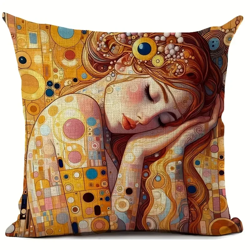 18x18 Inches Durable Linen Gustav Klimt Artistic Print Cushion Cover Vintage Style with Beautiful Woman Design