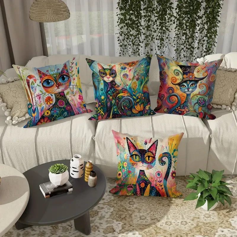 JIT 4-Pack Contemporary Throw Cushion Covers Velvet Cat Floral Abstract Art