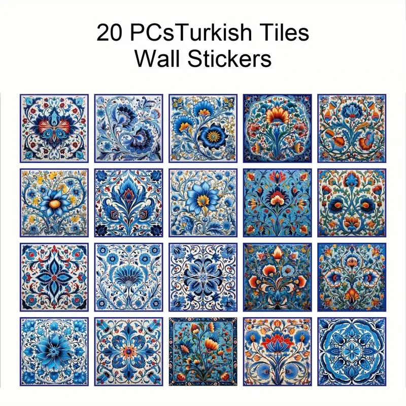 20pcs Elegant Blue & White Turkish Tile Stickers  Ocean-Inspired Design for Kitchens & Bathrooms