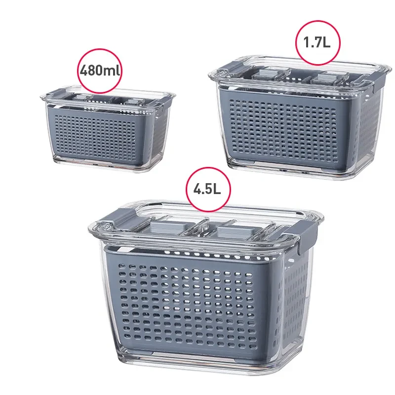 Kitchen Refrigerator Storage Containers With Lid PET Fresh-Keeping Storage Box Fruit Vegetable Drain Crisper Kitchen Storage Box