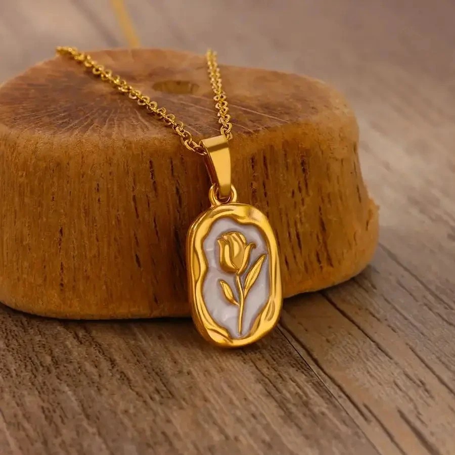 Rose Flower Necklace for Women: Gold Color Tulip Flower Pendant with Stainless Steel Chain