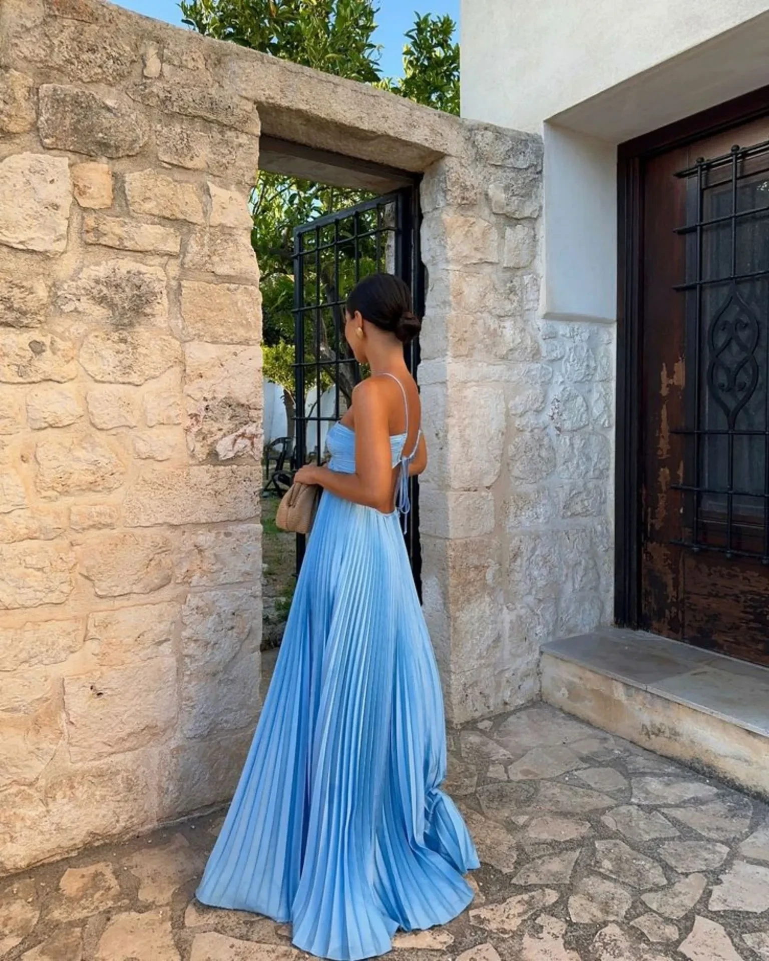 Ins Pleated Sleeveless Sling Dress Hollow High Waist Halter Robe Dresses For Evening Party Club Clothing Women