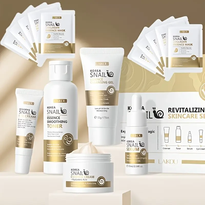 5pcs & 10pcs Korean Snail Revitalizing Skincare Set, Unisex Adult Moisturizing Essence, Serum, Cleansing Gel & Cream, Formaldehyde-Free, with Glycerin Infused for All Skin Types, Enhances Elasticity & Brightens Complexion
