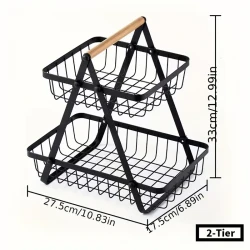 Modern Metal Fruit and Vegetable Basket with Detachable Bowl-Shaped Storage and Wooden Handle for Kitchen Organization, Perfect for Christmas/Halloween Gift, Countertop, Bathroom