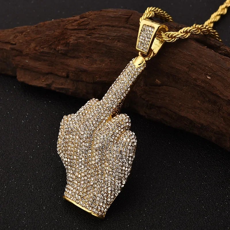 Ice Out Zircon Polite Gesture Middle Finger Necklace Men Women