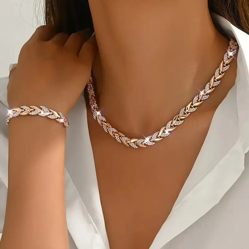 Women's Personality Affordable Luxury Willow Leaf Diamond Bracelet Necklace
