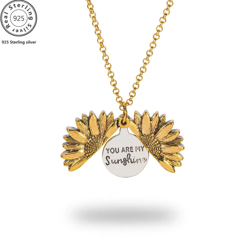 925 Sterling Silver Sunflower Box Pendant Necklace - Engraved 'You Are My Sunshine"