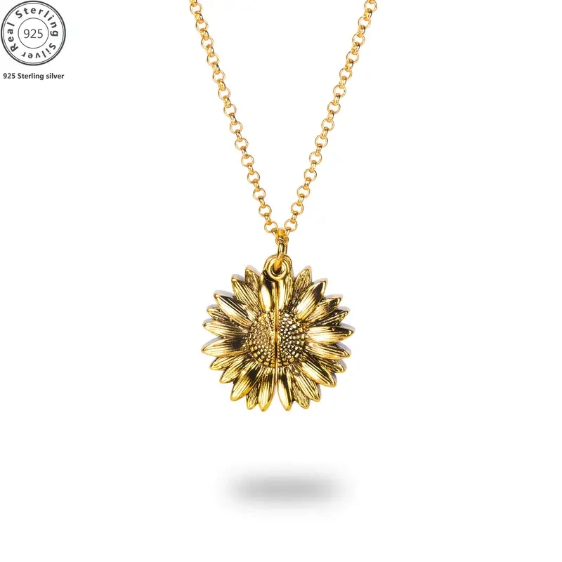 925 Sterling Silver Sunflower Box Pendant Necklace - Engraved 'You Are My Sunshine"
