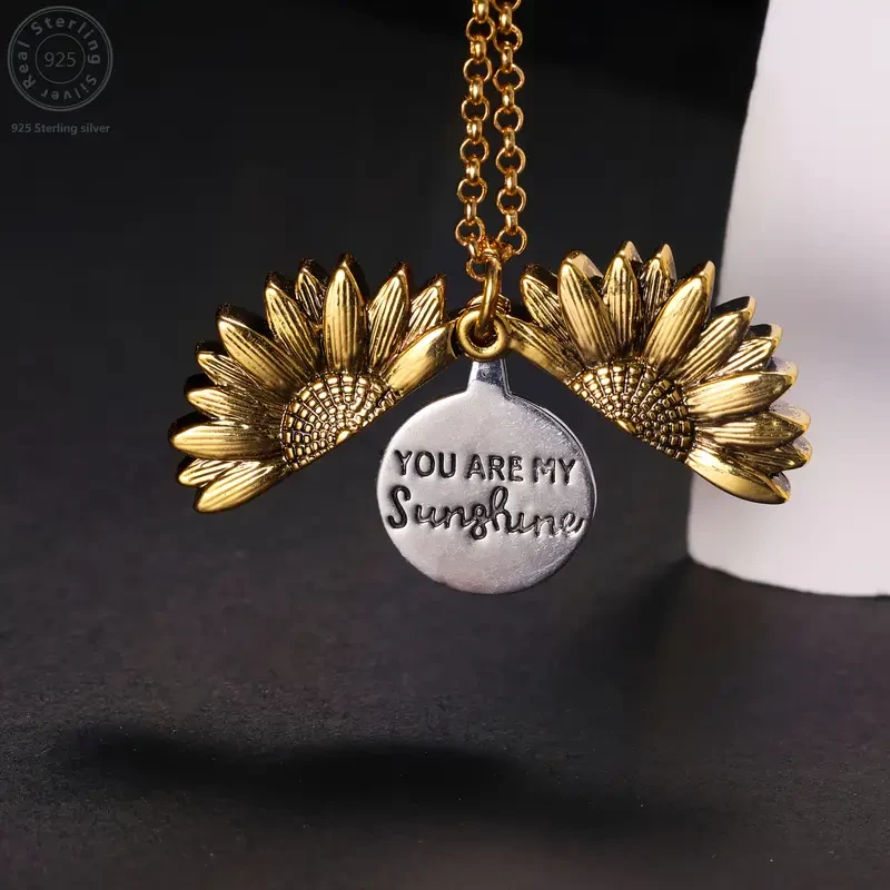 925 Sterling Silver Sunflower Box Pendant Necklace - Engraved 'You Are My Sunshine"