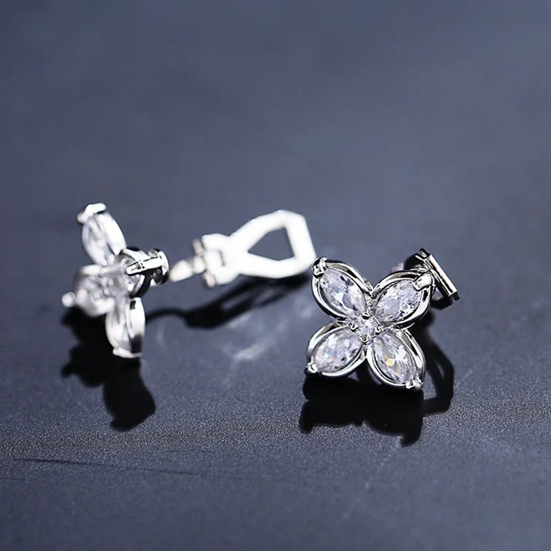 JIOFREE AAA Cubic Zirconia Flower Shape Clip-on Earrings - No Piercing Charm Jewelry for Women