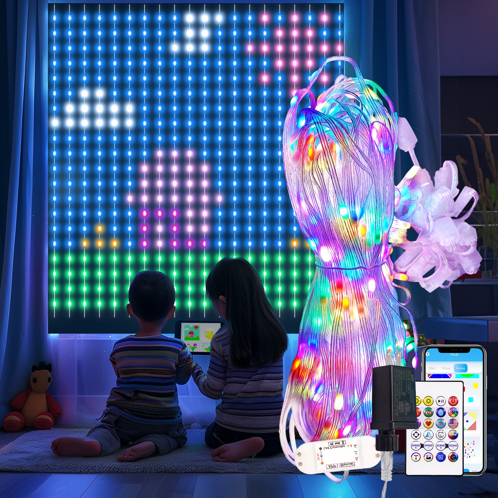 6.6x6.6ft Smart Window Light – RGB-IC Dynamic LED Curtain String Light for Indoor and Outdoor Use, Perfect for Halloween, Christmas, and Valentine’s Day