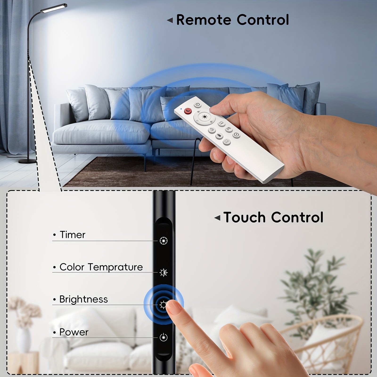 MediAcous Floor Lamp – LED Floor Lamp for Living Room, 5 Colors & Brightness, Stepless Adjustable, Standing Lamp with 1-Hour Timer, Remote & Button Control, Dimmable Reading Floor Lights, Works with Wall Switch