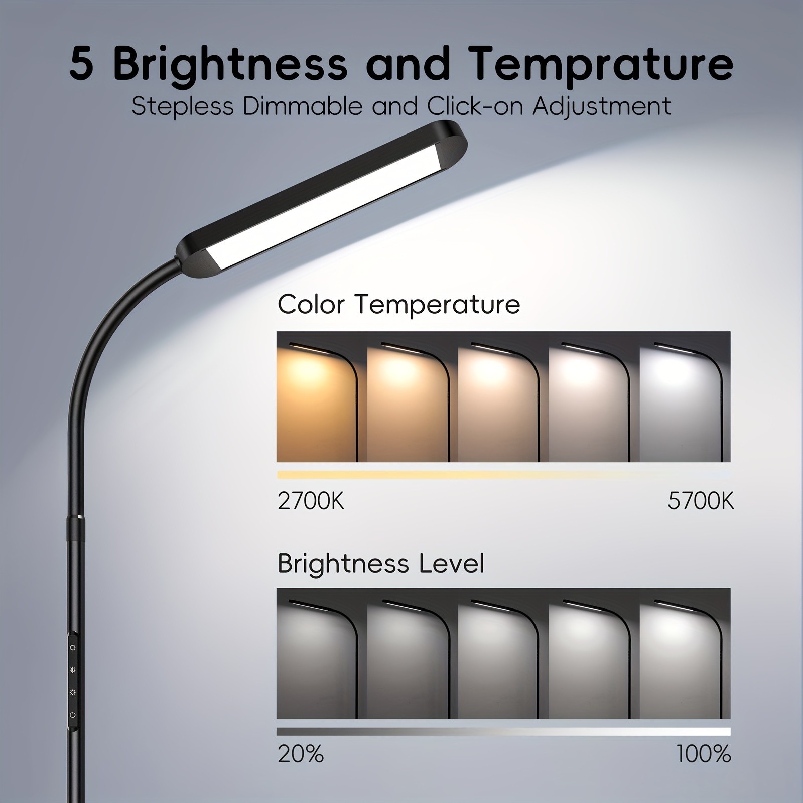 MediAcous Floor Lamp – LED Floor Lamp for Living Room, 5 Colors & Brightness, Stepless Adjustable, Standing Lamp with 1-Hour Timer, Remote & Button Control, Dimmable Reading Floor Lights, Works with Wall Switch