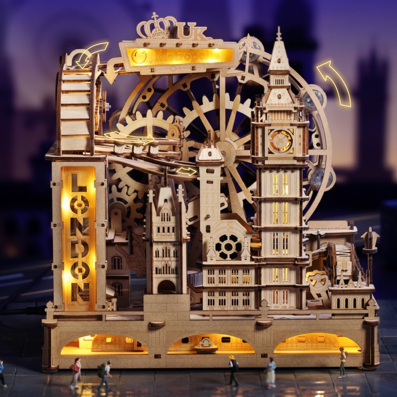 ROBOTIME 3D Wooden Puzzle London City Mechanical Model With Marble Run & LED Lights, DIY Decorative Kit For Adults & Teens
