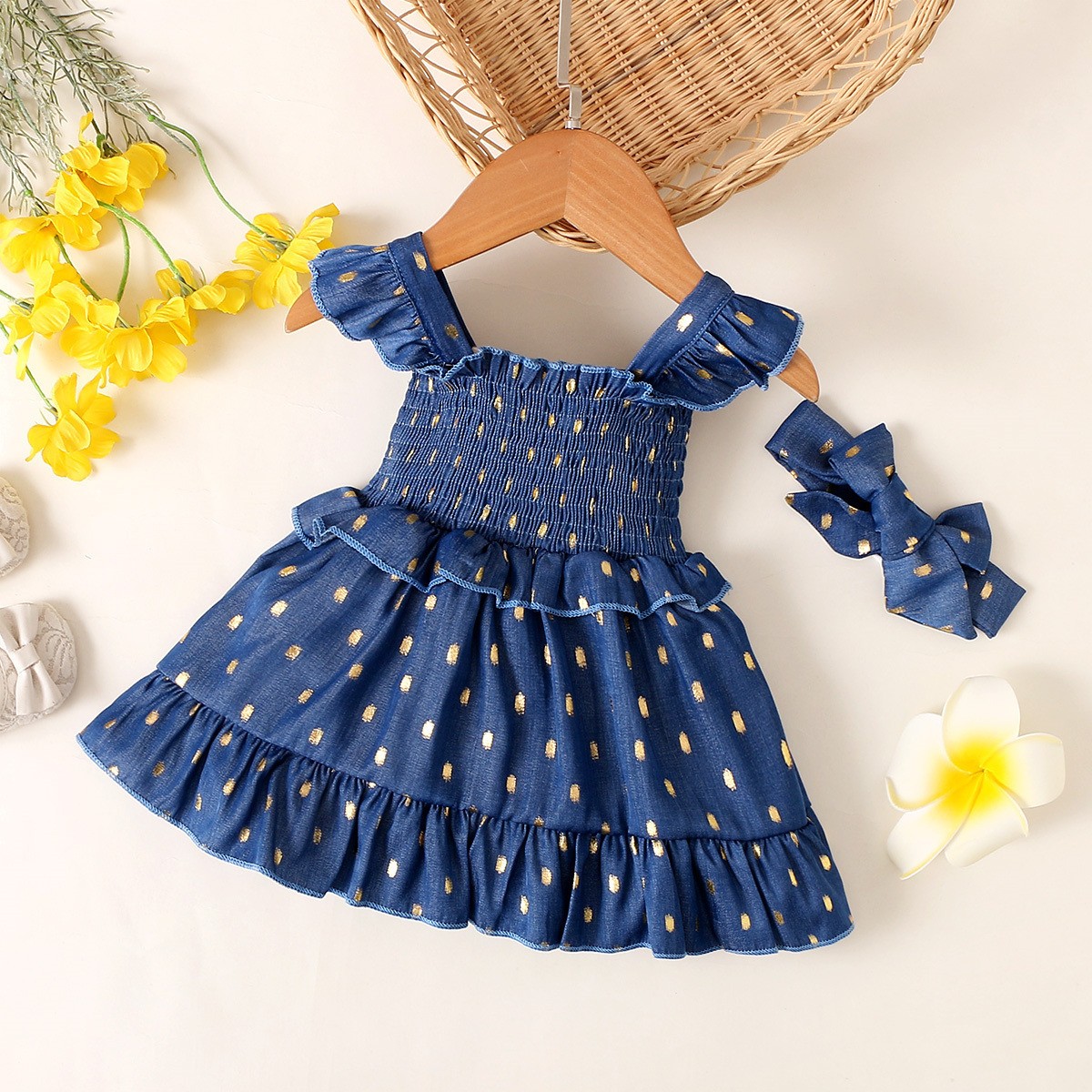Polka Dot Smocking Suspender Skirt Headscarf