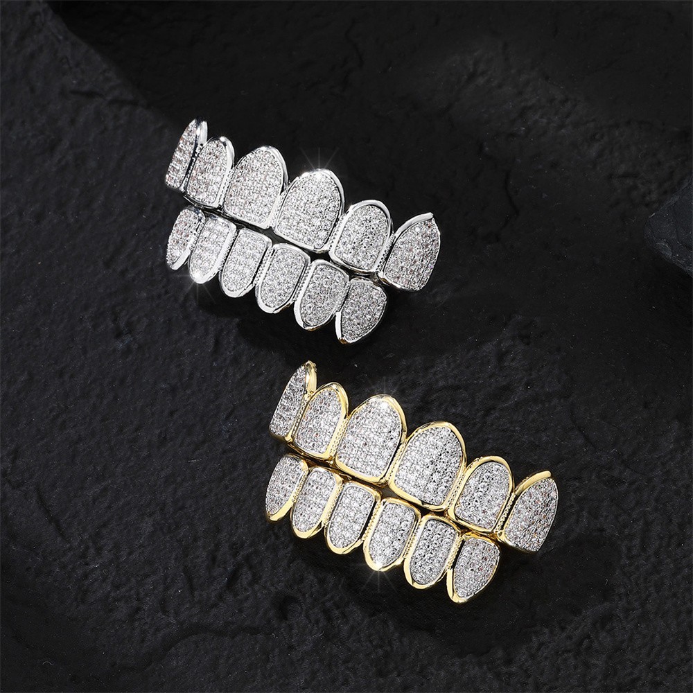 Feel Style Cool Teeth Grillz Set for Unisex Cubic Zirconia Stone Top & Bottom Grillz,