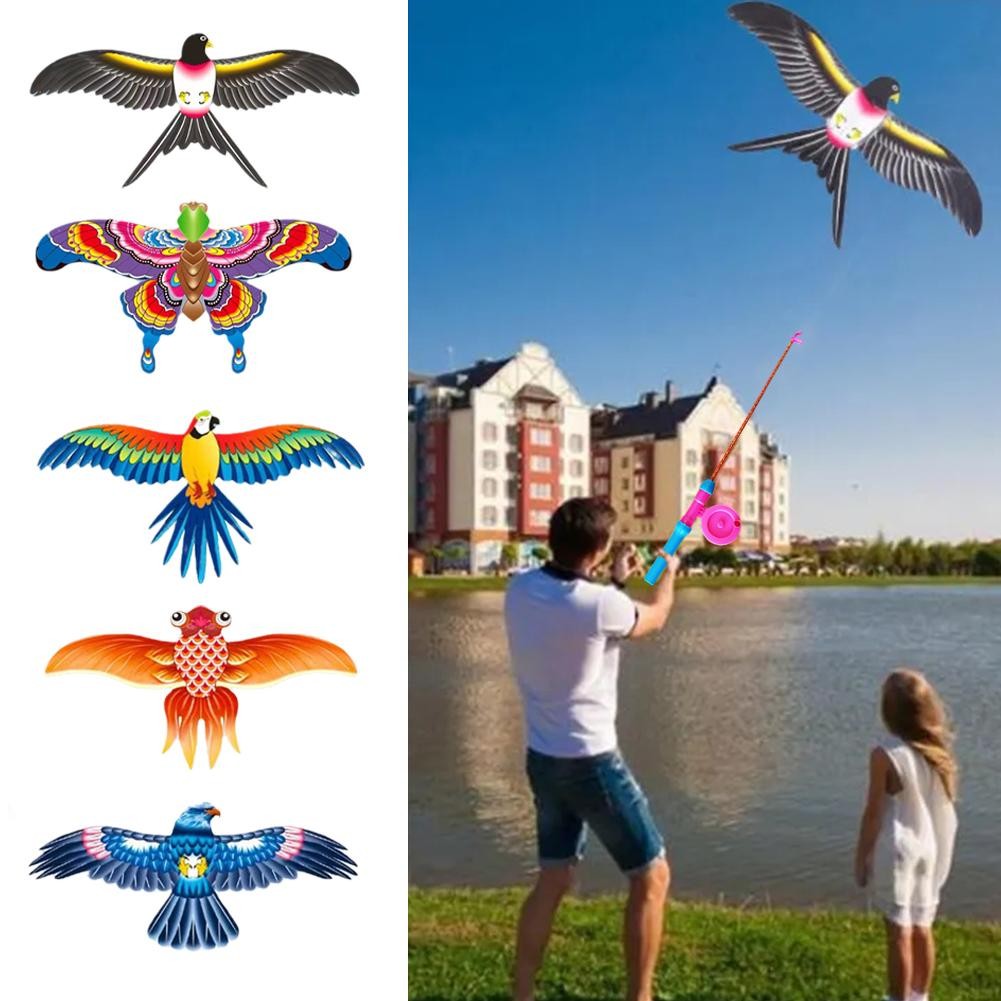Childrens Kite Toy Cartoon Eagle & Butterfly Foldable Mini Kite with Hand Brake & Fishing Rod