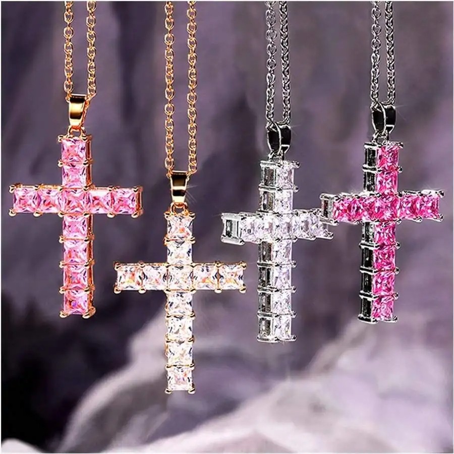 New Fashion Necklaces for Women Gold Multi-Color Crystal Jesus Cross Pendant Necklace