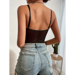 Womens Fashion Simple Mesh Patchwork Bodysuit - Chic and Stylish Bodysuit for Casual and Night Out Wear