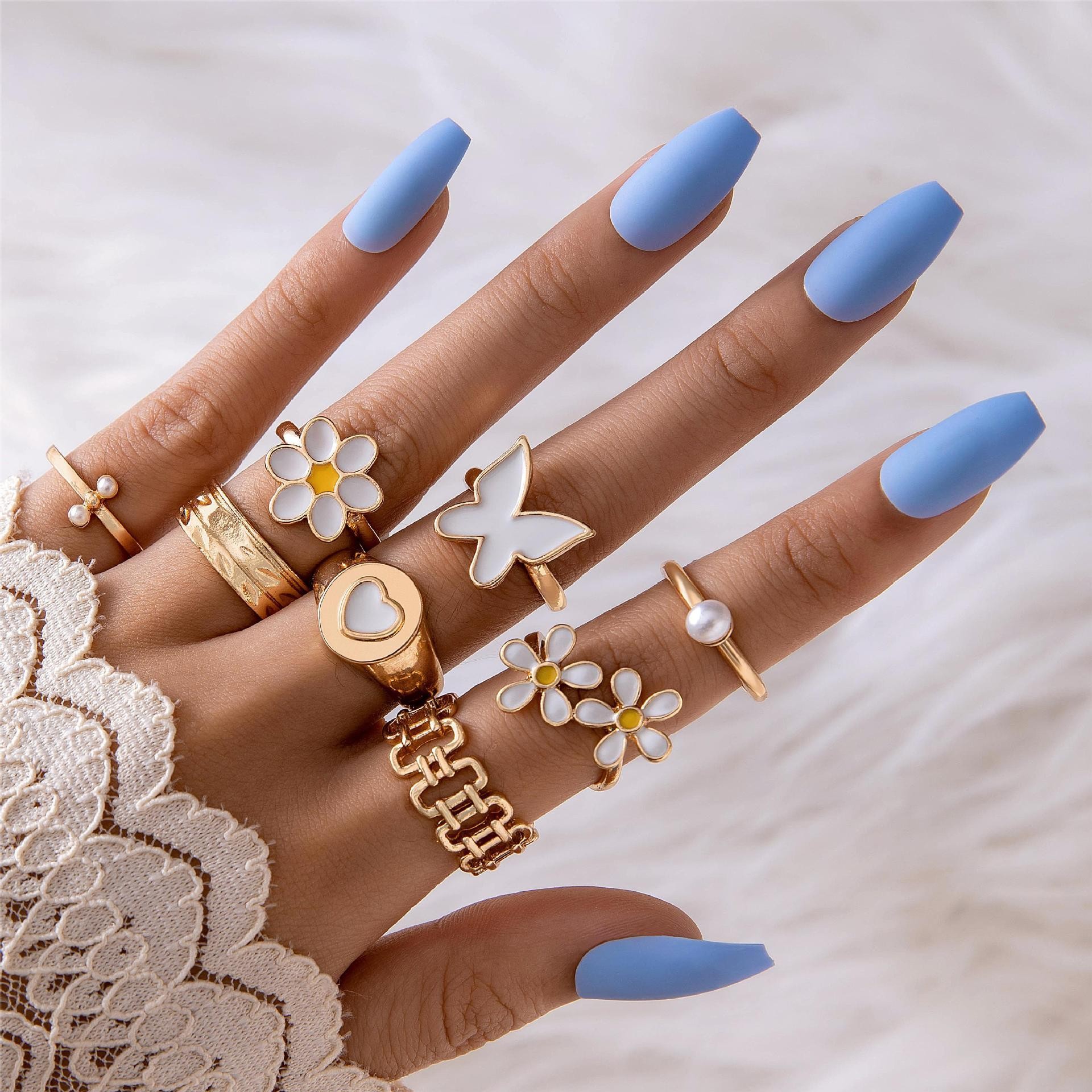 European And American Love Oil Dripping Ring Six-piece Set Geometric Flower Ring Set Suit