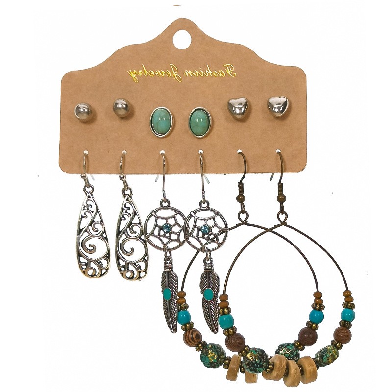 Slimming Cross-border Earrings Suit Combination Bohemian Ethnic Exquisite Water Drop Leaves Lovely Electroplated Beaded Earrings