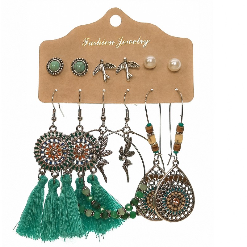 Slimming Cross-border Earrings Suit Combination Bohemian Ethnic Exquisite Water Drop Leaves Lovely Electroplated Beaded Earrings