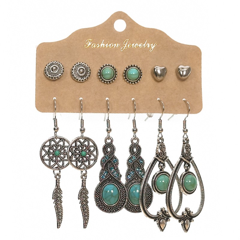 Slimming Cross-border Earrings Suit Combination Bohemian Ethnic Exquisite Water Drop Leaves Lovely Electroplated Beaded Earrings