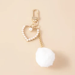 Cute White Plush Ball Keychain Fashion Pompoms Pearls Heart Charms Key Chain