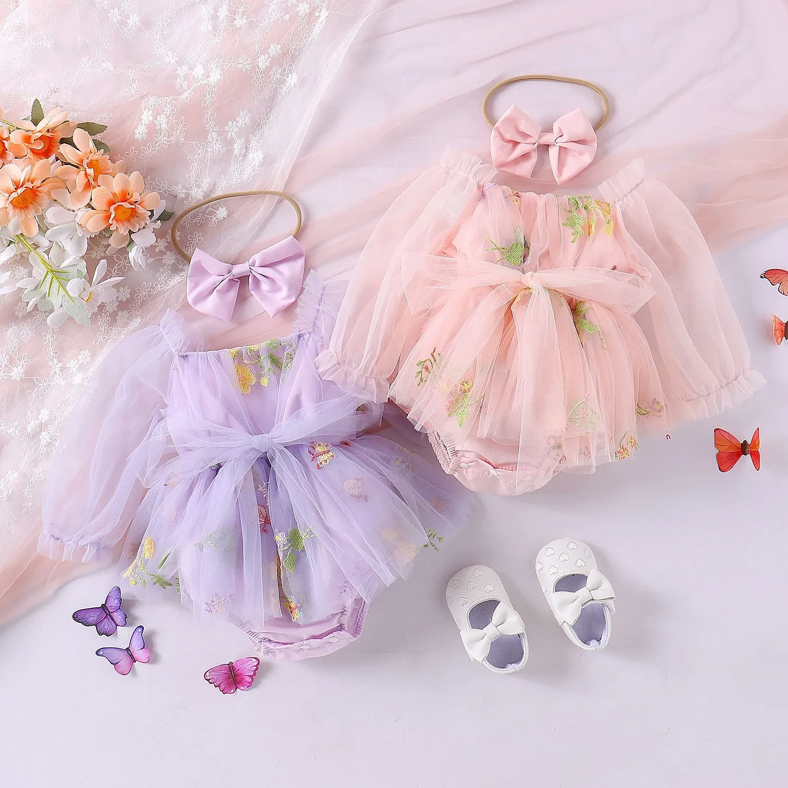 Baby Girl Jumpsuit Infant Long Sleeve Mesh Flower Embroidered Skirt Bottom-covering Rompers
