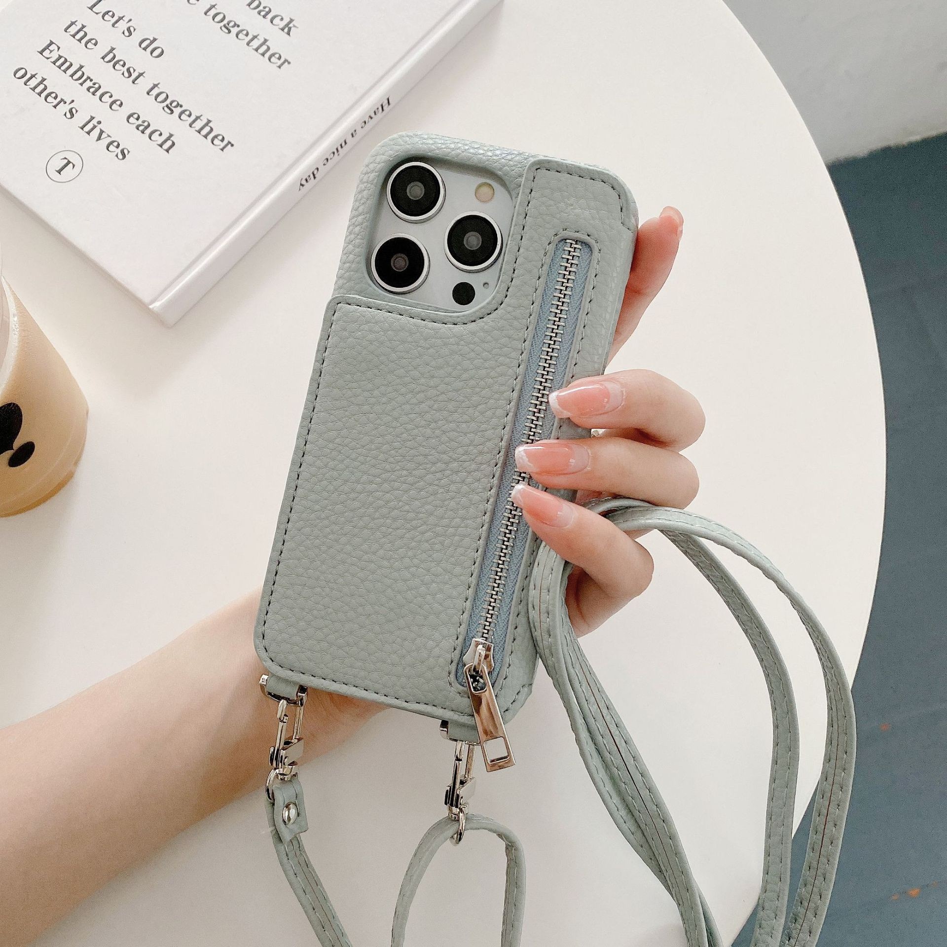 Phone Case Lychee Pattern Card-inserting Beauty Mirror Crossbody