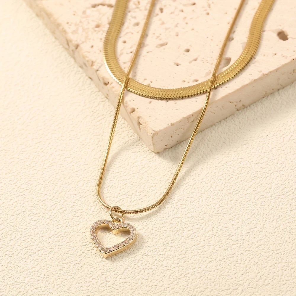 Nooxian 2-Piece Set Elegant Luxurious Heart Pendant Necklace, 18K Golden Plated, Synthetic Cubic Zirconia, 304 Stainless Steel, Perfect for Valentine's Day