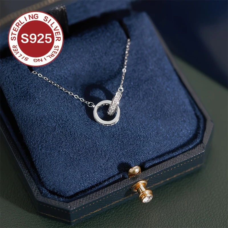 925 Low Allergy Double Ring Necklace Light Luxury Interlocking Collarbone Chain, Daily Wear Accessory, Suitable for Valentine's Day, Mother's Day, and Exquisite Couple Gifts