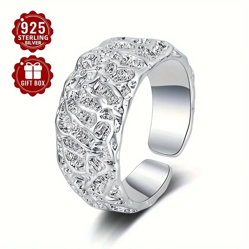 1pc Women's Fashion Wide Band Ring S925 Sterling Silver Textured Open Adjustable Ring, Perfect for Party Wear, Ideal Thanksgiving Gift