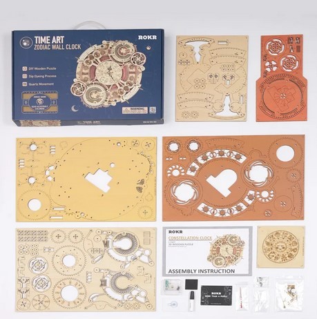 Robotime ROKR Zodiac Wall Clock 3D Wooden Puzzle Model Assembly Toys Gifts for Children Kids Teens LC601 Support Dropshipping
