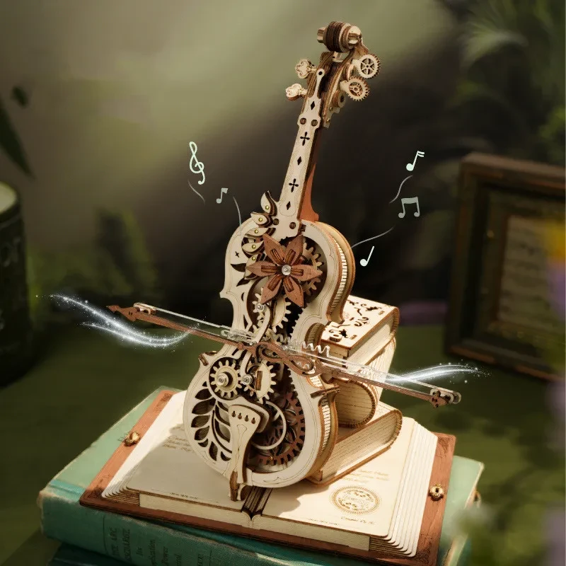 Robotime ROKR Magic Cello Mechanical Music Box Moveable Stem Funny Creative Toys For Child Girls 3D Wooden Puzzle AMK63