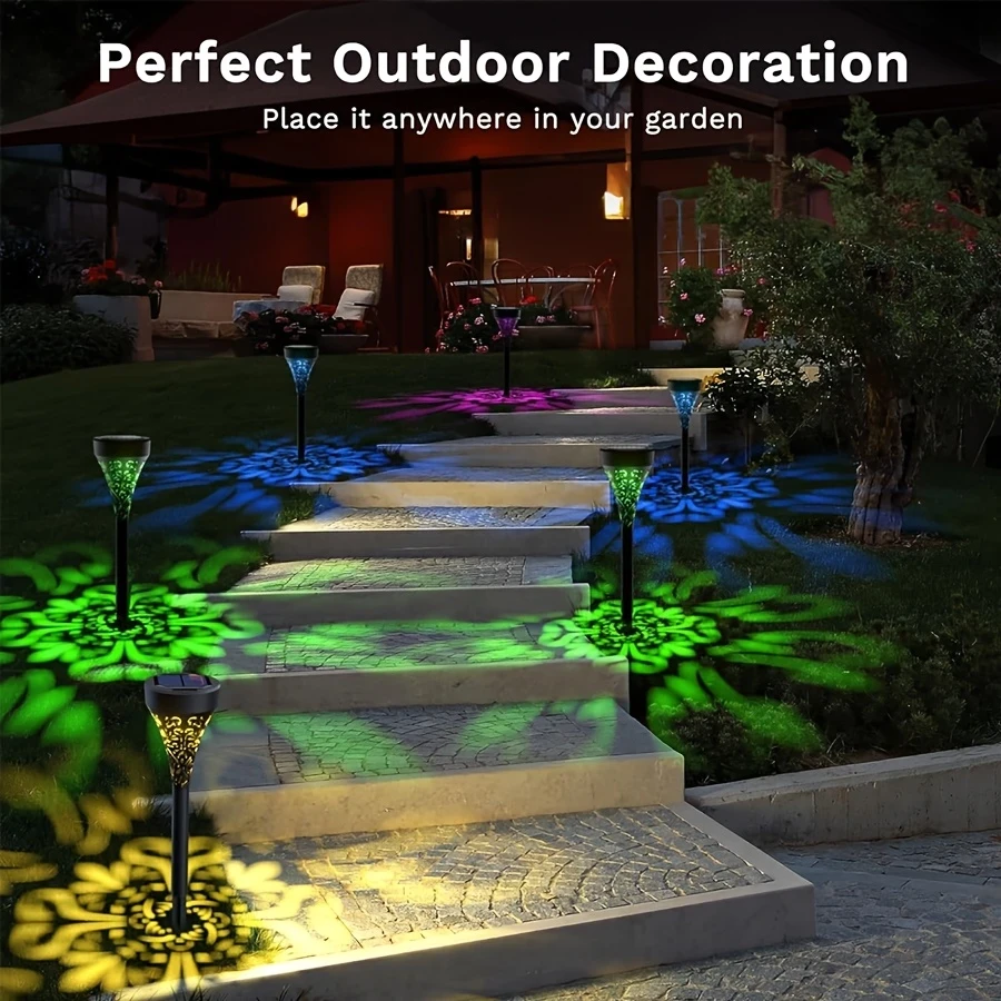 4pcs Outdoor Solar LED Ground Stake Lights Adjustable Warm Yellow/RGB Gradient Light, Durable Plastic, Motion Sensor, Suitable for Patio, Deck, Walkway, and Garden Illumination