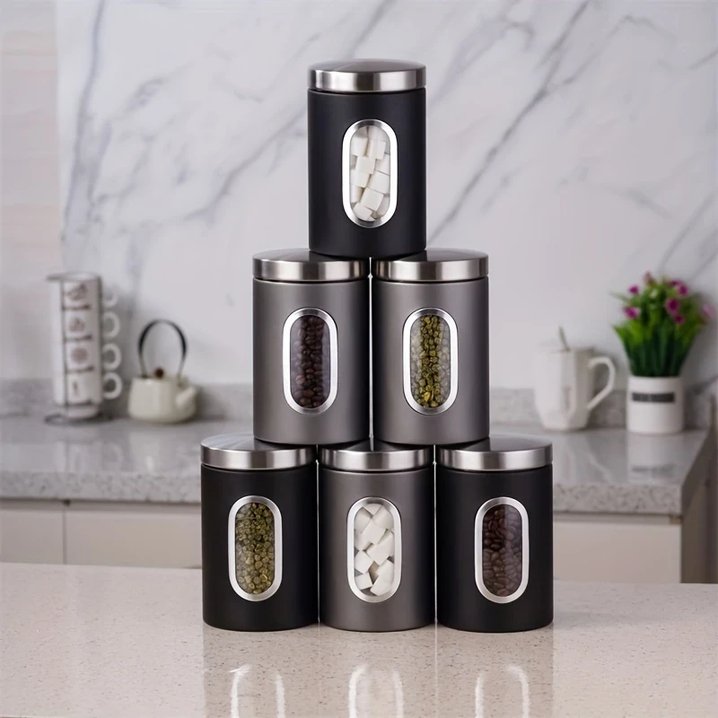 3pcs Black/Gray Food Containers for Coffee, Sugar, Tea, and Beans Airtight Storage Cans for Kitchen Organization