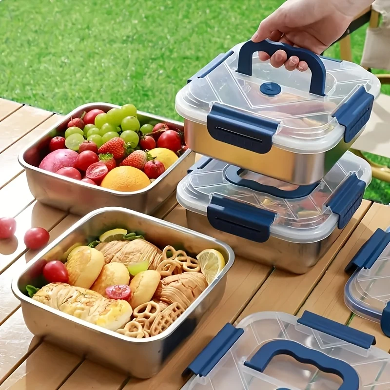 4pcs Stainless Steel Leakproof Food Storage Container with Blue Lid Microwave Safe, Reusable, Ideal for Refrigerator & Bento Boxes, Kitchen Essentials, Universal Fit for Outdoor Cooking & Meal Prep