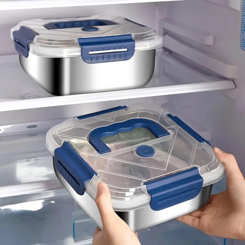 4pcs Stainless Steel Leakproof Food Storage Container with Blue Lid Microwave Safe, Reusable, Ideal for Refrigerator & Bento Boxes, Kitchen Essentials, Universal Fit for Outdoor Cooking & Meal Prep