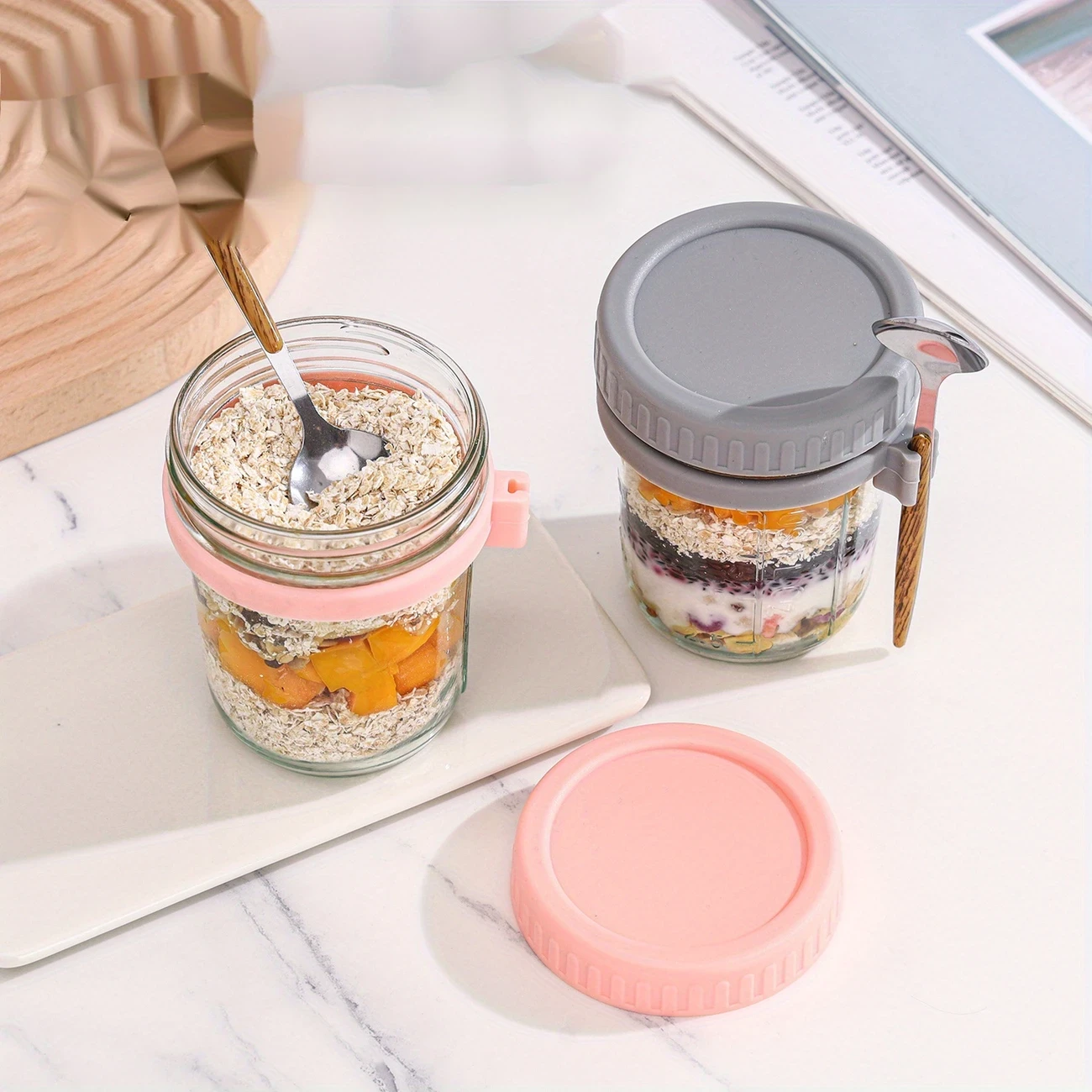 Leak-Proof Glass Meal Prep Containers with Wooden Spoon Lids  Reusable Stackable Oatmeal Cups for Yogurt, Salad, Smoothies  Portable Multi-Use Kitchen & Lunch Storage (Hand Wash Only), Kitchen Organization | Vibrant Lid Colors | Airtight Containers