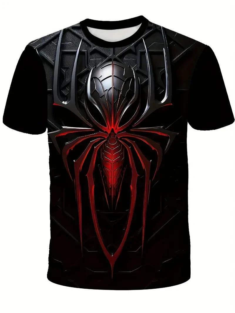 Gradient Color Metal Spider Pattern Print Boy's Short Sleeve Crew Neck T-shirts, Summer Cozy Tops For Outdoor Casual Activities